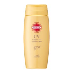 White‑background product shot of KOSE Suncut UV Perfect Gel SPF 50+ PA++++ – a clear, lightweight Japanese sunscreen in a 100 g squeeze tube, branded with gold and blue accents, representing its super‑waterproof, broad‑spectrum sun protection ideal for humid Ghanaian climates.